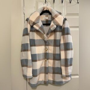 Z Supply Plaid Jacket in Blue, Creamy Peach and Brown. Oversized Small.